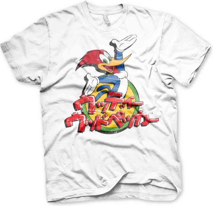 Woody Woodpecker Heren Tshirt -M- Washed Japanese Logo Wit
