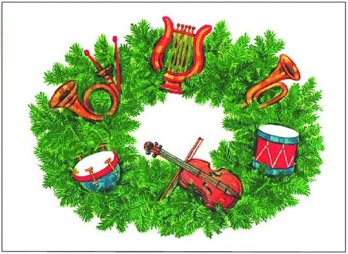 Kerstkaart Kerstkrans met muziekinstrumenten