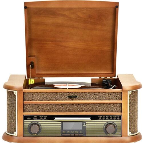 Reflexion HIF2002DAB Retro-stereoset DAB+, FM, CD, Cassette, Platenspeler, Bluetooth, USB Behuizing van echt hout, Opnamefunctie, Incl. afstandsbediening 2 x