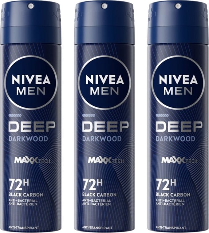 NIVEA MEN Deo Spray - Deep Black Carbon Dark Wood - 3 x 150 ml - 72H Bescherming