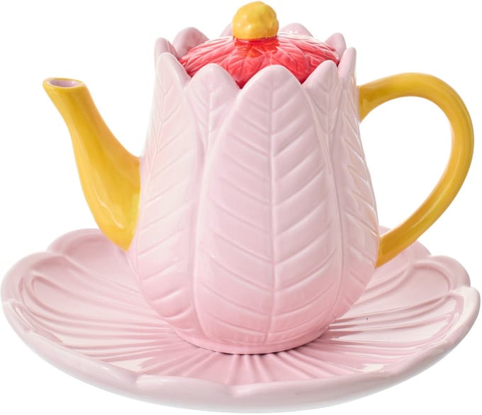 J-Line theepot Bloem - porselein - donkerrood/warmgeel