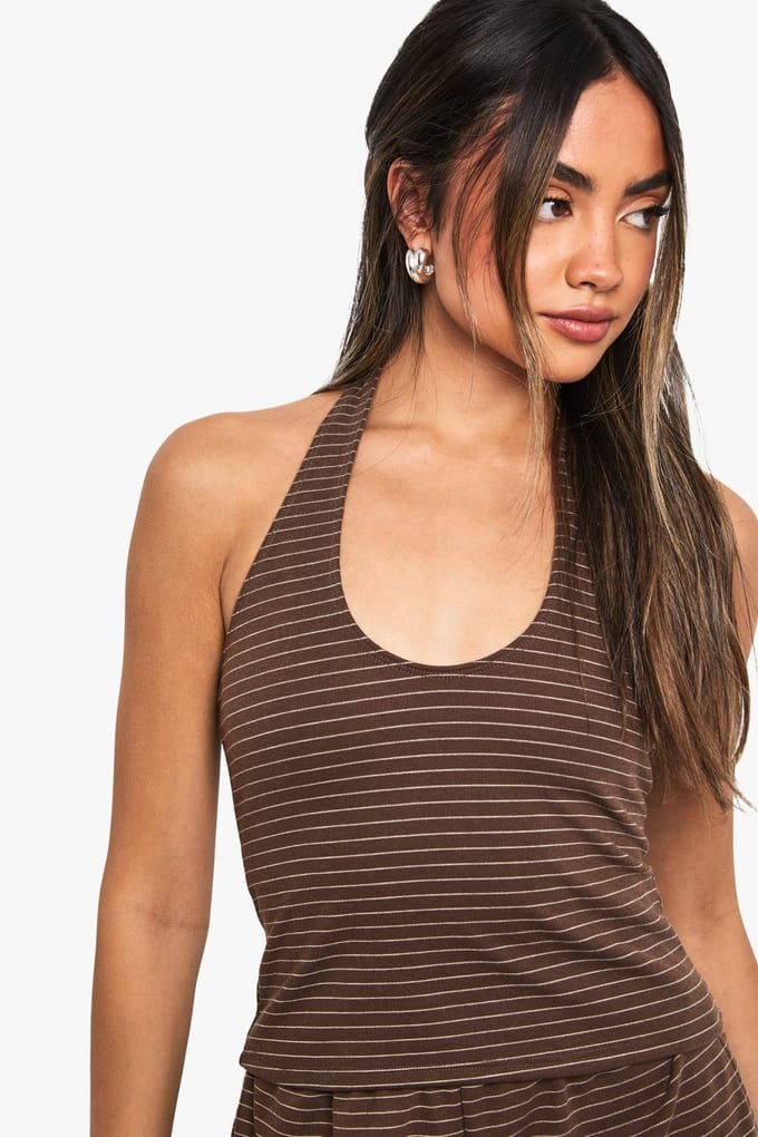 boohoo Dames Stripe Halterneck Top | Chocoladebruin | Maat: 34