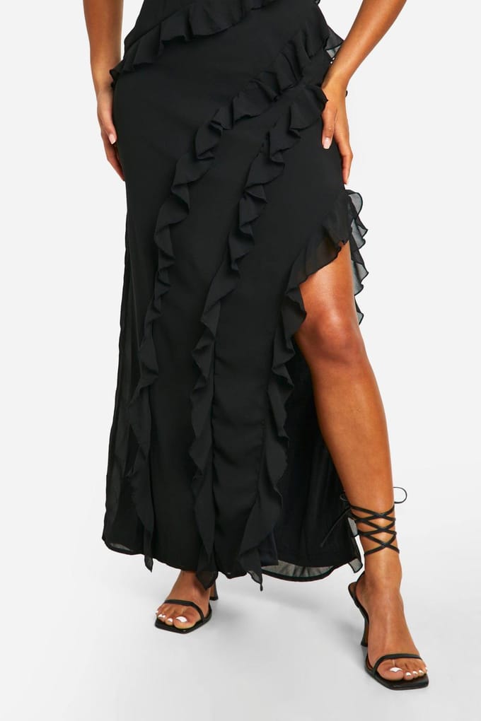 boohoo Dames Ruffle Chiffon Maxi Jurk | Zwart | Maat: 36