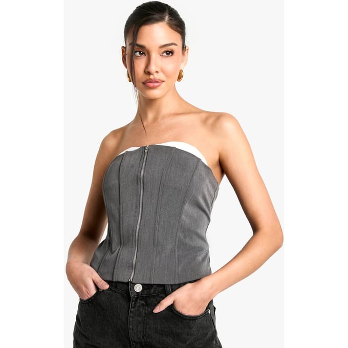 boohoo Dames Zip Up Front Longline Corset | Charcoal | Maat: 12