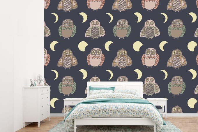 Behang - Fotobehang Uil - Patronen - Maan - Breedte 385 cm x hoogte 280 cm