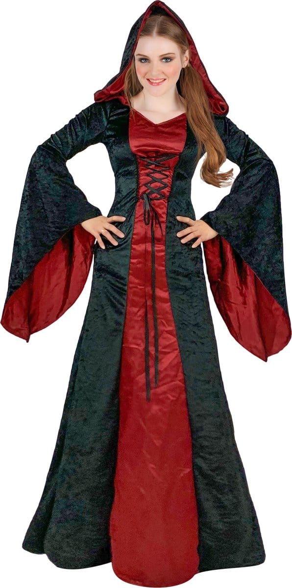 Vegaoo - Gothic kostuum met capuchon, rood en zwart, dames
