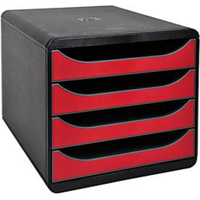 Exacompta Big Box Plus Iderama karmijnrood, 4 open laden A4/A4+/24x32 cm, geruisloos met stop, stapelbaar