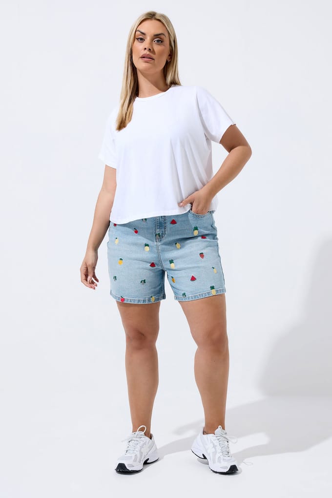 Limited Collection Blauwe Geborduurde Fruitdenimshorts Size 48