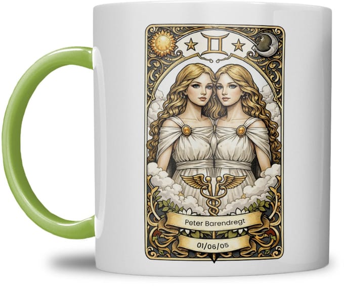 Sterrenbeeld mok - Tweeling - Licht Groen - Tarot mok - Gepersonaliseerd met naam en datum