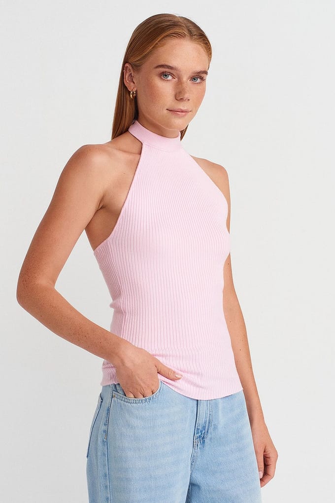 Geribbelde Halterneck Slim-fit Blouse