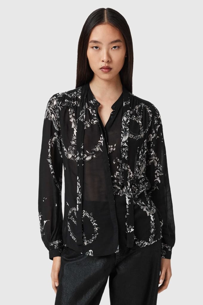 AllSaints Hilda Emb Shirt Flight Black Größe: 2 | Longsleeves Outlet | Damen | Schwarz