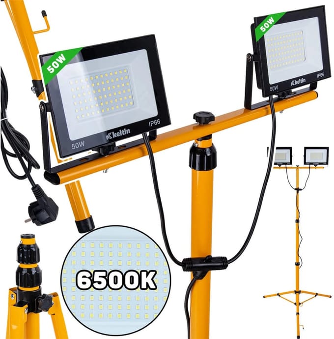 Keltin LED bouwlamp - verstelbare telescoopstandaard - koel wit 6500K - 2x50W - IP66 bescherming