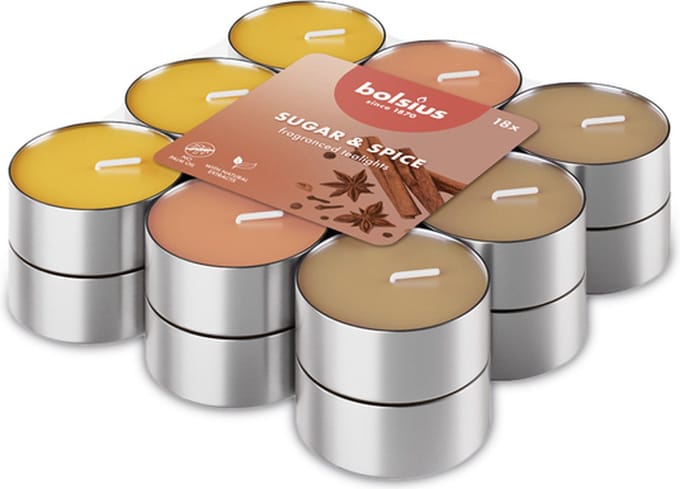 144 stuks Bolsius sugar and spice geurtheelichtjes (3 uur)