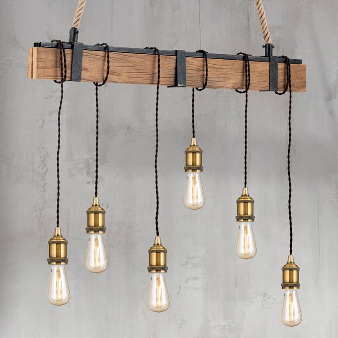 ORION Hanglamp Cellar, houten balk, henneptouw, 6-lamps