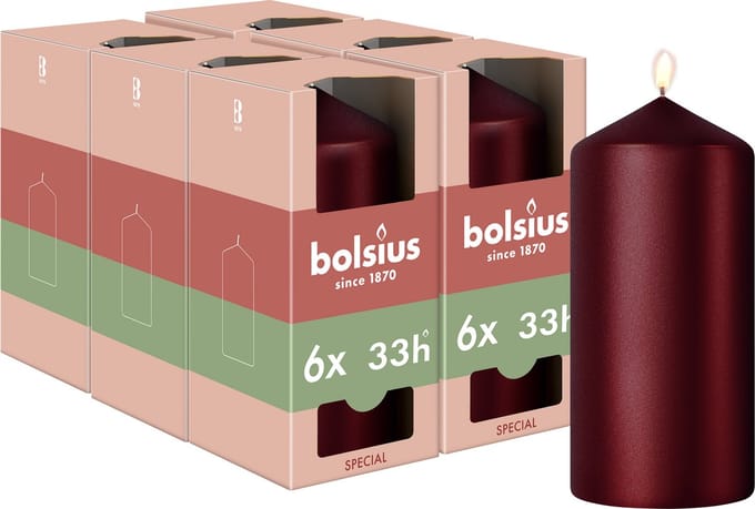 Bolsius - Gladde Stompkaars - 6 stuks - Metallic Rood - 12 cm - 33 Branduren