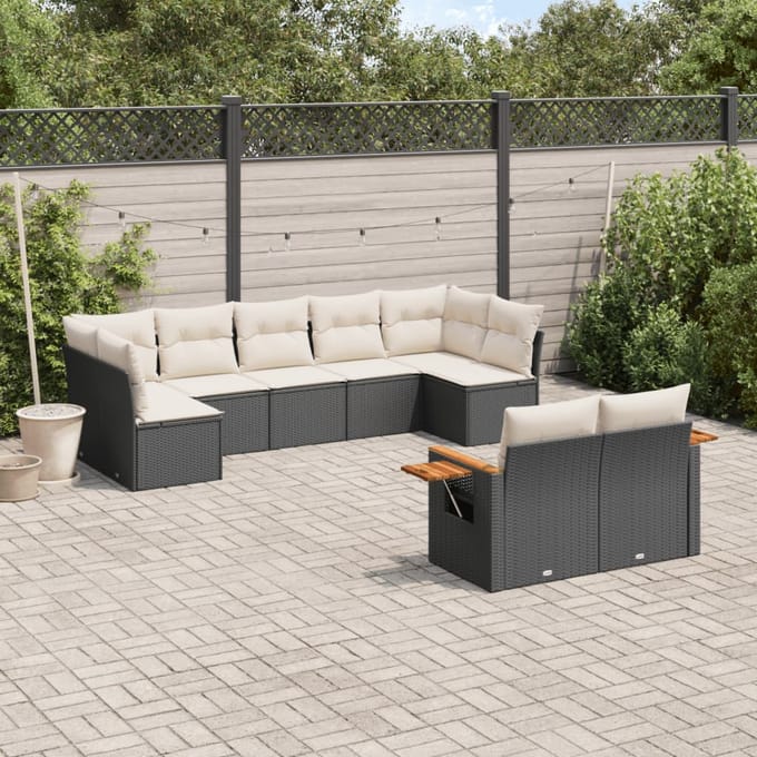 vidaXL - 9-delige - Loungeset - met - kussens - poly - rattan - zwart
