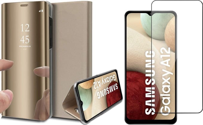 Hoesje geschikt voor Samsung Galaxy A12 - Screen Protector GlassGuard - Book Case Spiegel Goud & Screenprotector