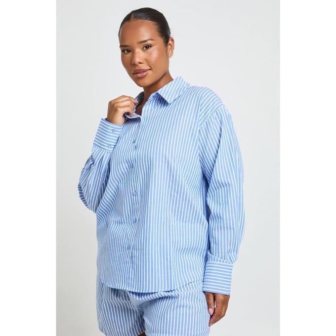 boohoo Dames Plus Katoenen Gestreept Oversized Pyjamashirt | Blue | Maat: 22