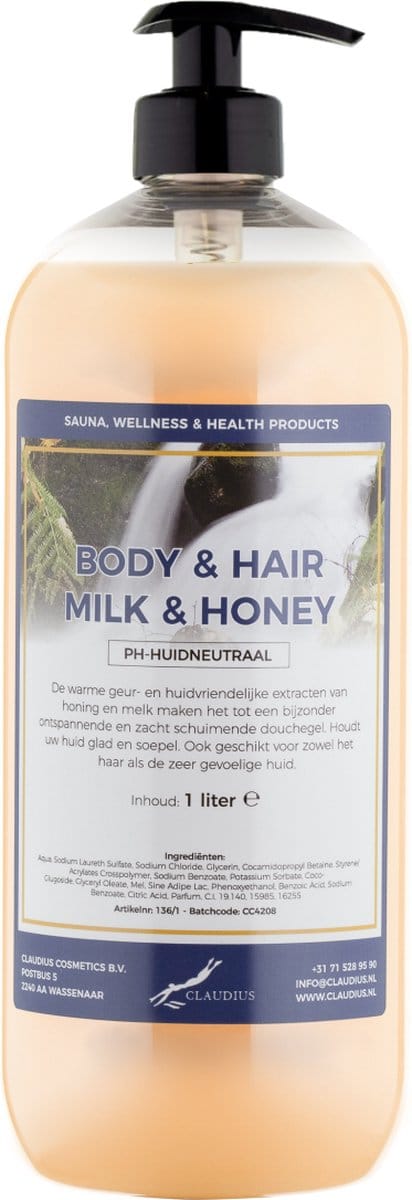 Body & Hair Milk & Honey 1 liter - met gratis pomp - 2 in 1 voor lichaam en haar.