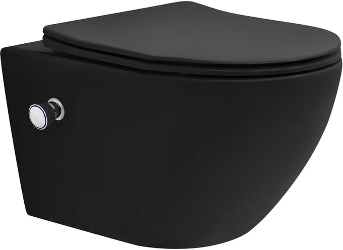 LuxeBath wandcloset randloos met bidetfunctie zwart, diepspoel keramisch wandcloset, lang 54cm, douchewc soft-close toiletdeksel tornado spoeling, toiletpot glanzend hangend