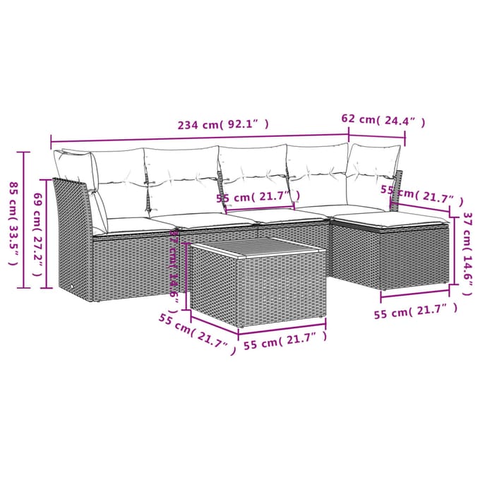 vidaXL - 6-delige - Loungeset - met - kussens - poly - rattan - grijs