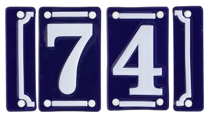 Best for Boots huisnummer 74 met sierrand - Oudhollands - emaille - blauw/wit