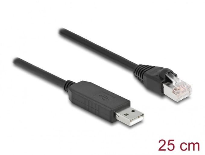 Delock Serial Connection Cable with FTDI chipset, USB 2.0 Type-A male to RS-232 RJ45 male 25 cm black