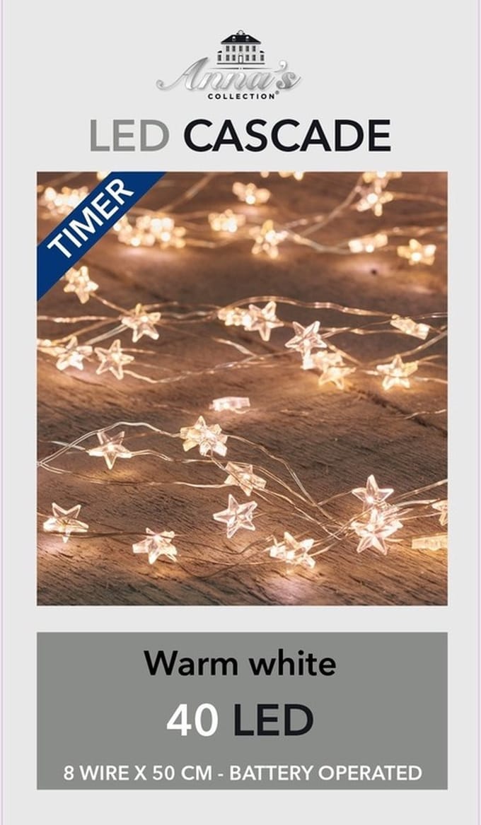 Anna's Collection cascade kerstverlichting - 40 sterrenlampjes - warm wit - timer - binnen gebruik