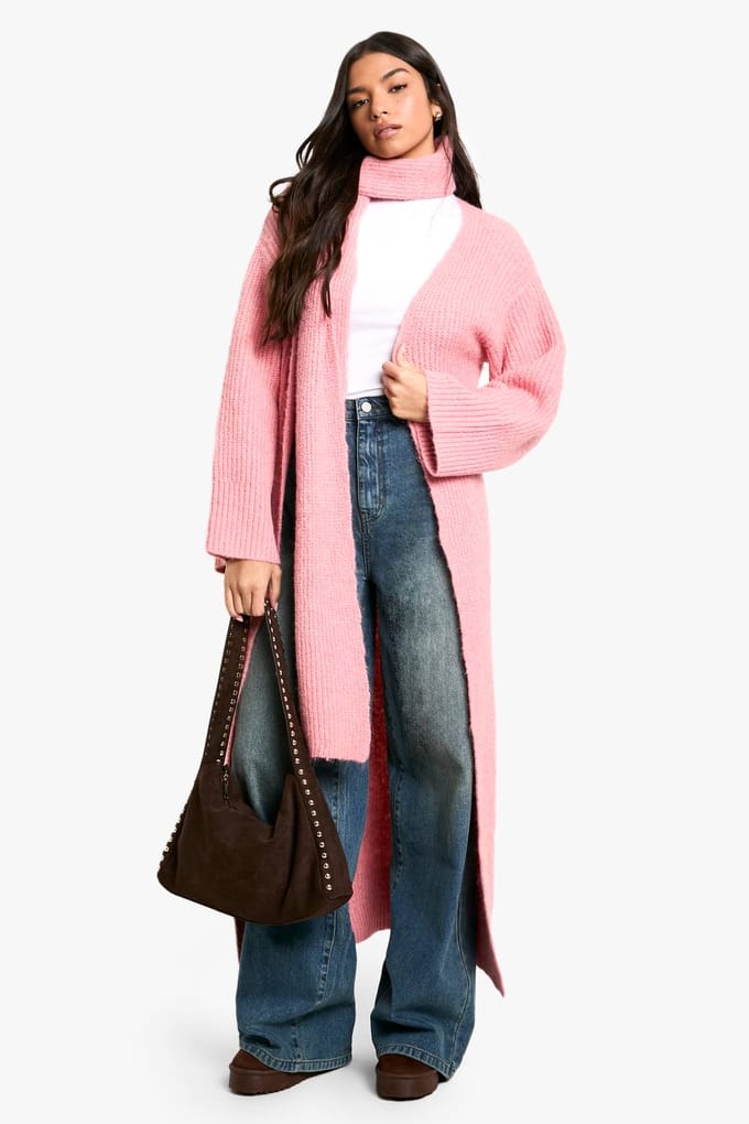 boohoo Dames Gebreide Maxi Cardigan en Oversized Sjaal Set | Pink | Maat: Small