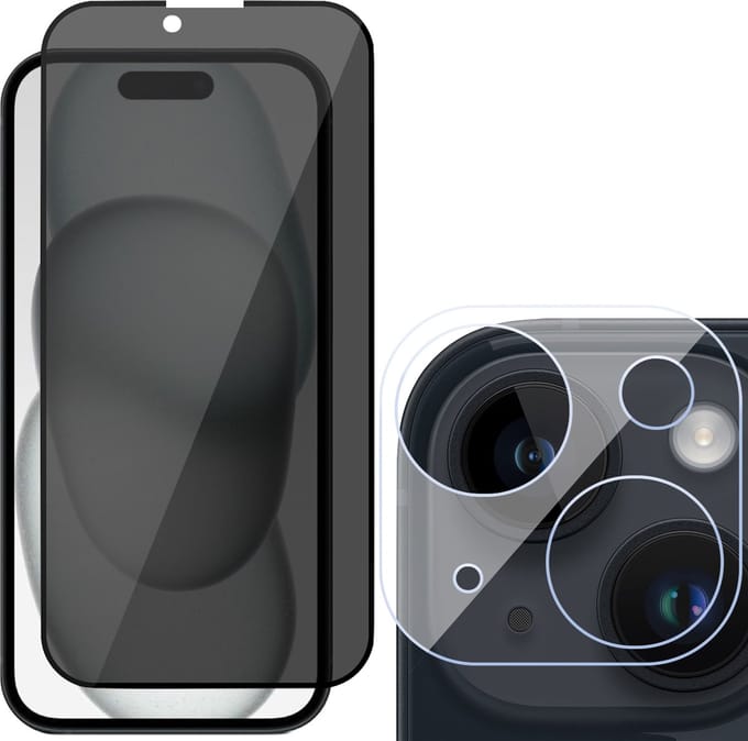 Privacy Screenprotector geschikt voor iPhone 15 Plus - Camera Lens Screen Protector & Glas Screen Protector FullGuard