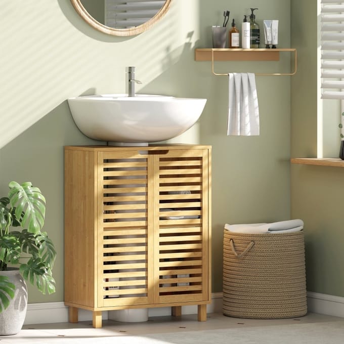 Wishdor - Wastafelonderkast - Verstelbare Plank - Badkamer - Bamboe - Naturel - 60 x 30 x 80 cm