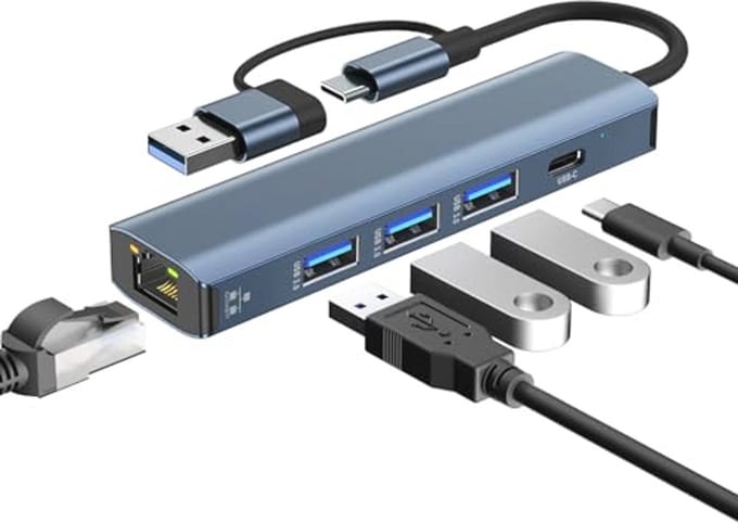 USB C LAN-adapter 5-in-2 Hub met Gigabit Ethernet en 4 USB Poorten