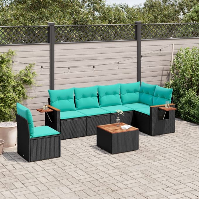 vidaXL - 7-delige - Loungeset - met - kussens - poly - rattan - zwart