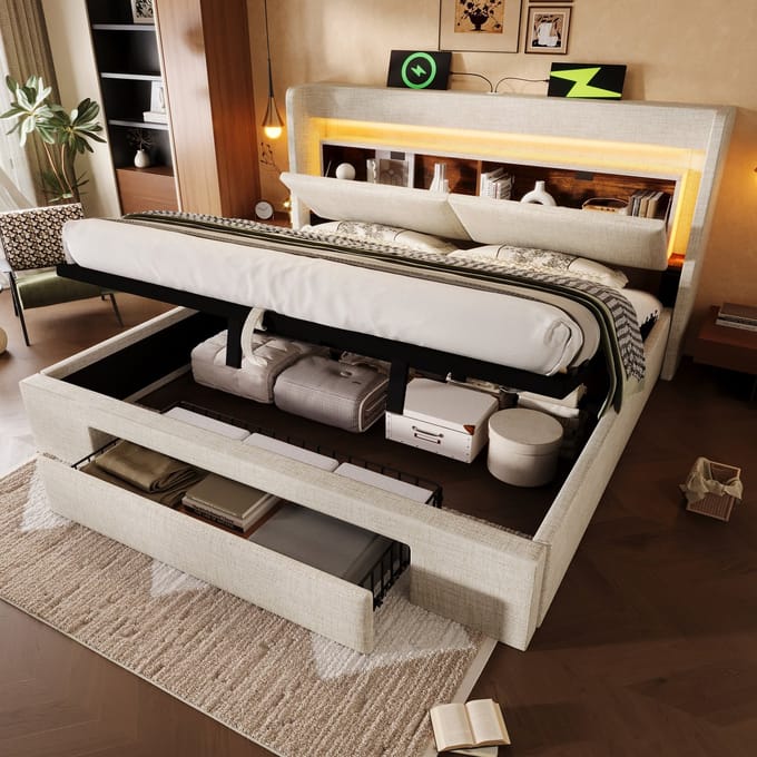 MODFU Bedframe 140x200 cm – Linnen met LED, hydraulisch & USB – Beige