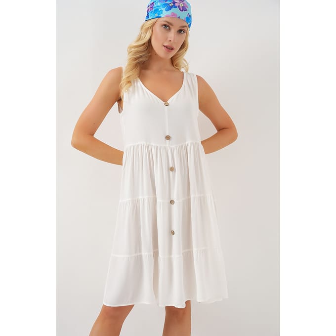 V-hals Mouwloze Mini Jurk met Knopdetails