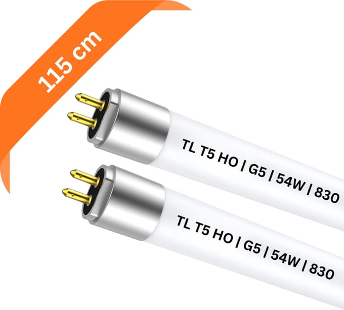 2x T5 TL buis 115 cm – 830 Warm Wit 3000K – 54W – G5 fitting – 4428 lumen – Ø 1.6 cm