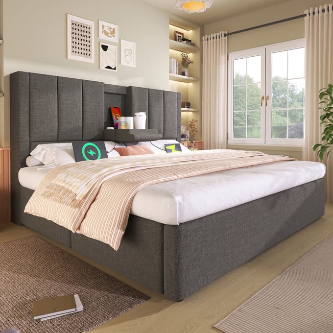 MODFU Bedframe 140x200 cm – Met opklapbare hoofdsteun, 3x USB, 1x Type-C en hydraulische opbergruimte – Grijs linnen