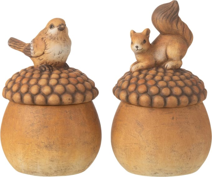 J-Line figuur Vogel + Eekhoorn op eikel - porselein - bruin - small - 2 stuks
