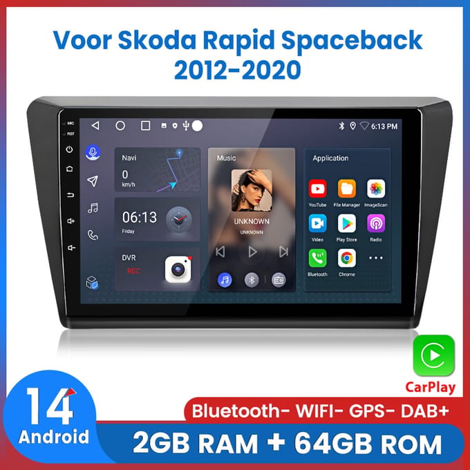 Awesafe Autoradio Geschikt Voor Skoda Rapid Spaceback 2012 t/m 2020 - Android 14 - Draadloos Apple Carplay & Android Auto - 2GB + 64GB - 4 Core processor - Bluetooth & Wifi GPS Navigatie - 2012 2013 2014 2015 2016 2017 2018 2019 2020
