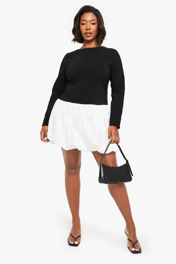 boohoo Dames plus bengaline contrast puffball mini jurk | Black | Maat: 28