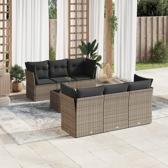vidaXL - 7-delige - Loungeset - met - kussens - poly - rattan - grijs