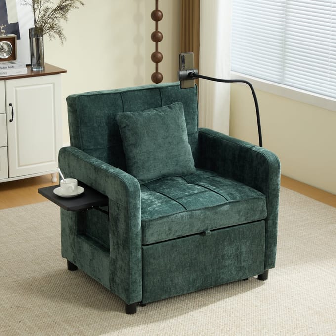 MODFU - Slaapfauteuil - 2-In-1 - 5-Standen Rugleuning - Modern - Chenille - Groen - 167 X 79 X 83 Cm