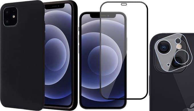 Hoesje geschikt voor iPhone 13 Mini - Fluweelzachte Backcover - Zwart - Met Full Screenprotector en Camera Screen Protector