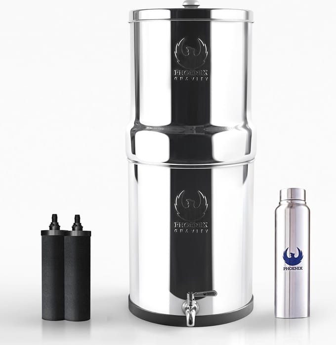 RVS Gravity Fed Drinkwaterfilter 3,25 Gallon met Koolstoffilterpatronen
