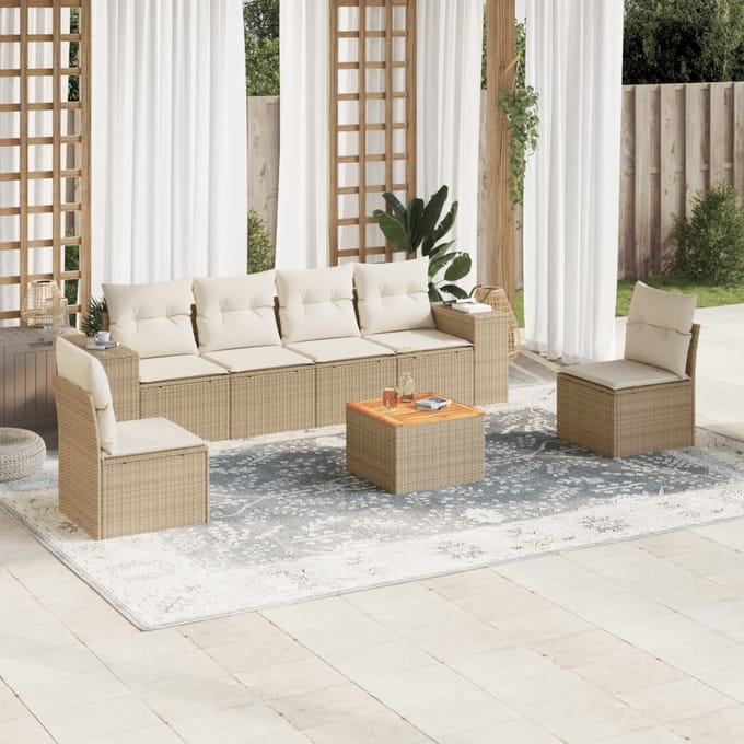 vidaXL - 7-delige - Loungeset - met - kussens - poly - rattan - beige