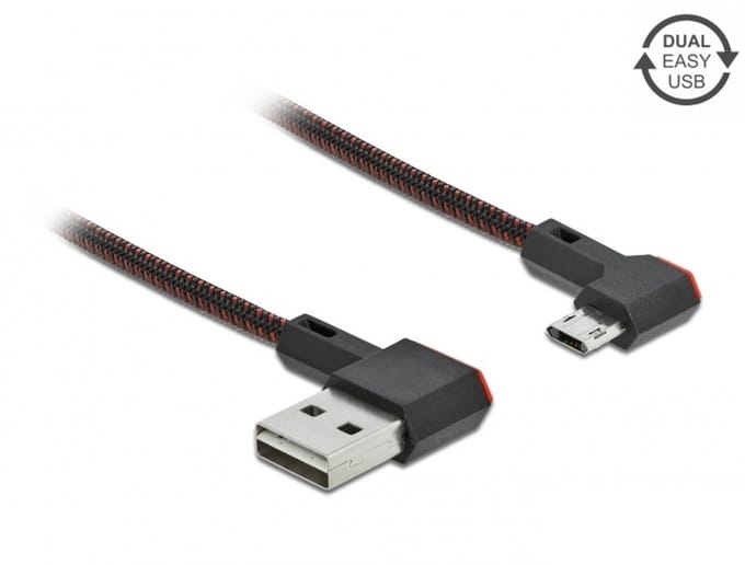 Easy-Micro USB - Easy-USB-A kabel | haaks links/rechts | USB2.0 | 10W | nylon | 2 meter