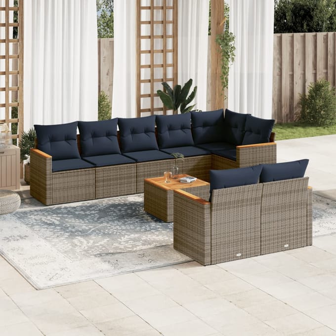 vidaXL - 9-delige - tuinbankset - met - kussens, - grijs - polyrotan