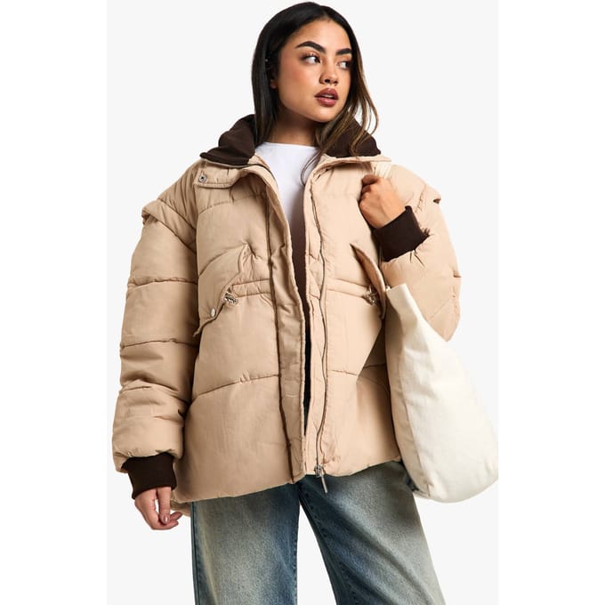 boohoo Dames Contrastkraag Oversized Pufferjas | Stone | Maat: 8
