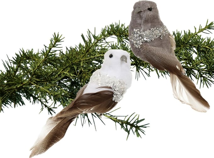 Othmar Decorations kerstversiering vogels op clip -6x -grijs/wit -17cm -kunststof