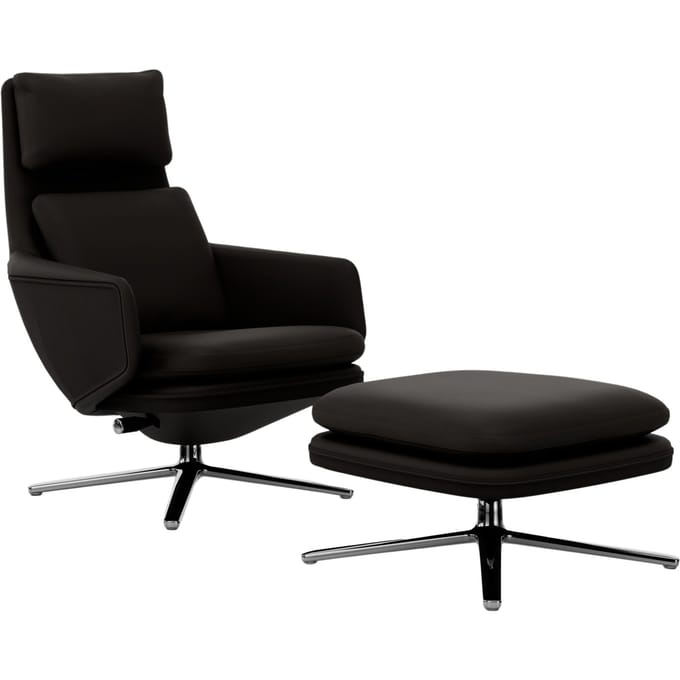 Vitra Grand Relax met Ottoman - Leer chocolade - gepolijst aluminium